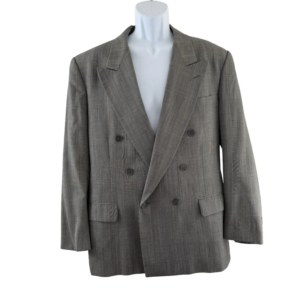 Vintage Cricketeer 2 Piece Suit Mens L Gray Plaid Double Breasted 34x31 USA 90s